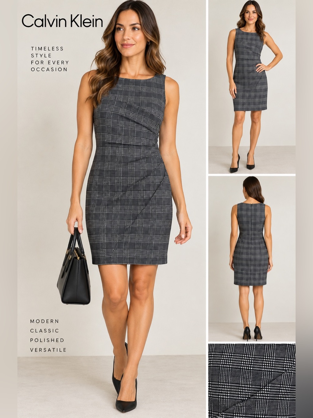 Calvin Klein Black & Gray Plaid Sleeveless Sheath Dress